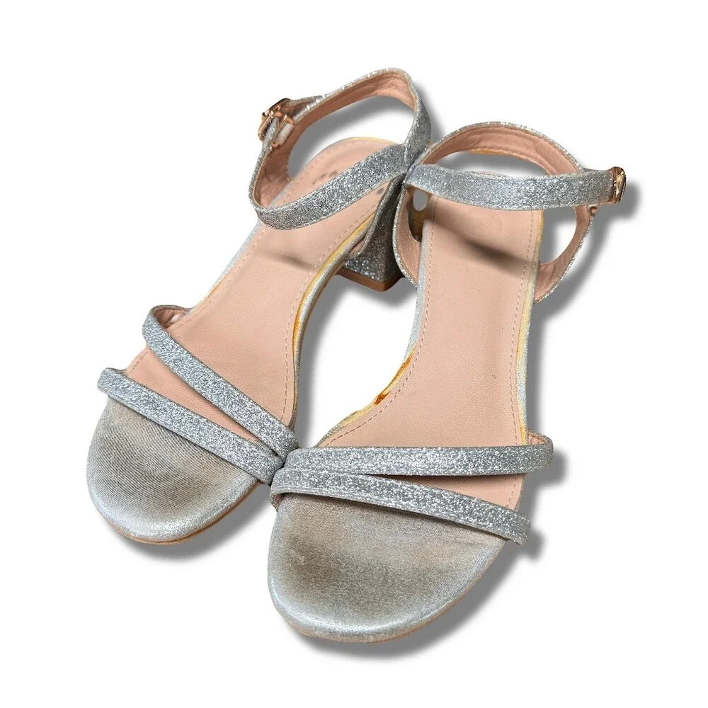 DADAWEN Girls Dress Sandals Silver Glitter Open Toe Ankle Strap Size 2.5